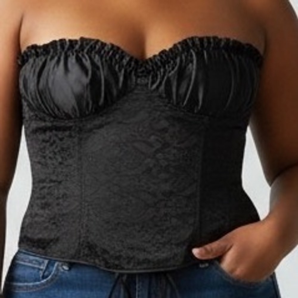 Black Brocade Lace Back Corset Top Ruffle 5X Plus adjustable steampunk gothic
